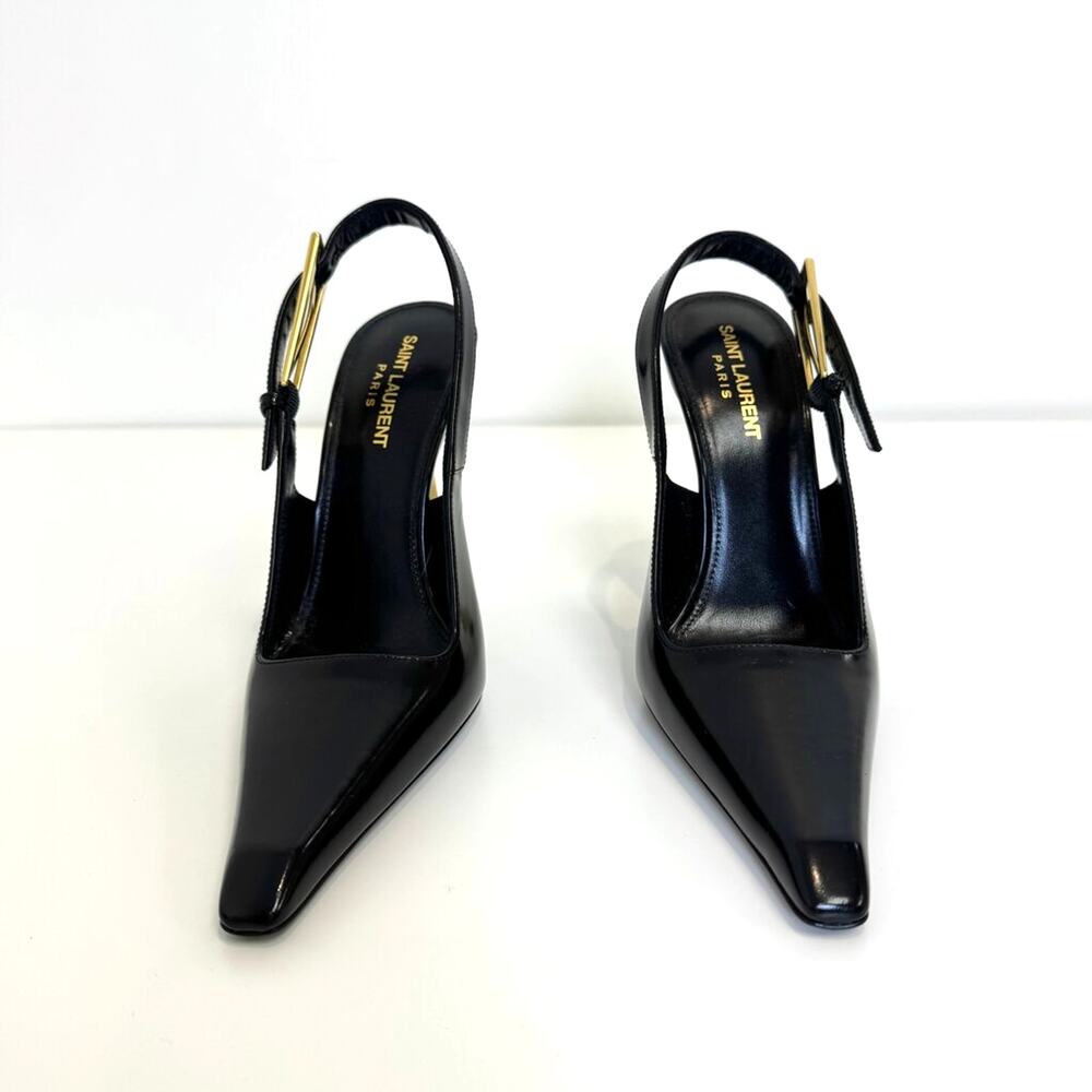 Saint Laurent Black Lee Slingback Pumps Gold Heel 38 NEW YSL Buckle Point Shoes - Picture 2 of 9